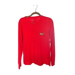 Vineyard Vines Womens Red Leopard Print Whale Long Sleeve Pocket T-Shirt Medium